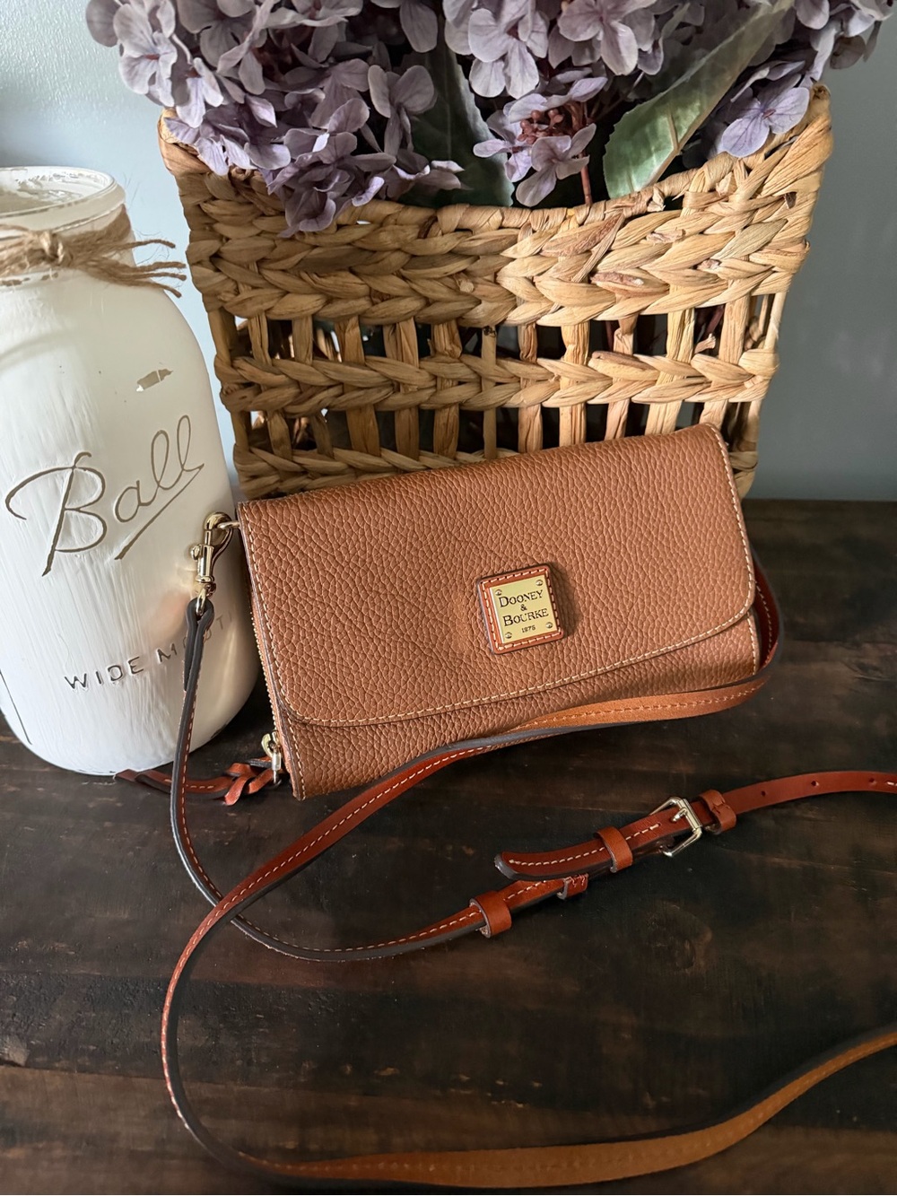 Dooney & Bourke Tan Pebble Leather Crossbody with Gold Logo Plate